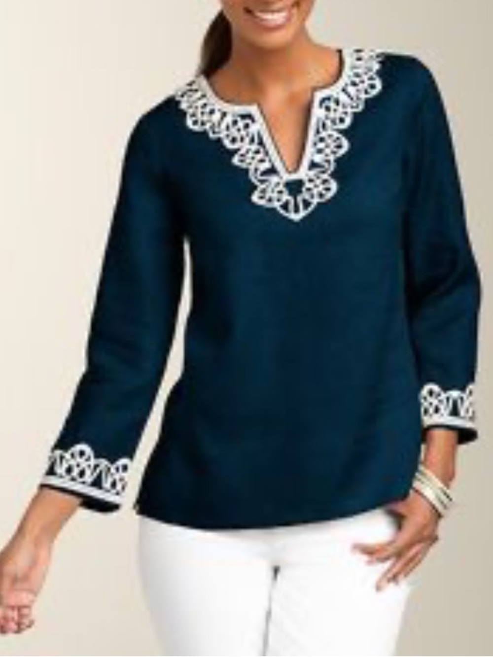 Talbots Linen Navy Tunic with White Lace-Trim V-Neck